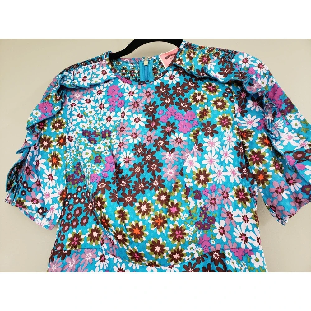 NEVER WORN Kate Spade Pacific Petals Floral Dress SZ 0 Jacquard Silk Blue Ruffle - Picture 3 of 6